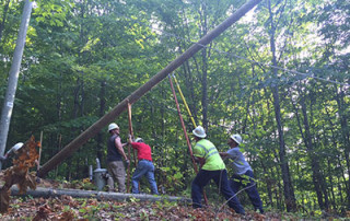 Workers setting a utility pole